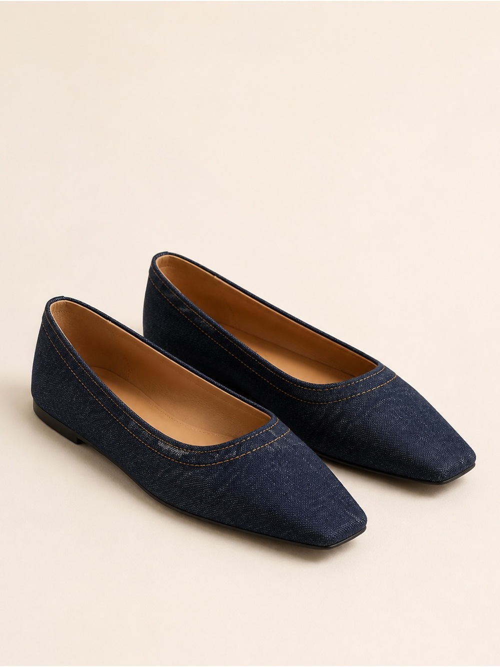 TOTEME Denim Square-Toe Ballet Flats Blue With Dust Bag